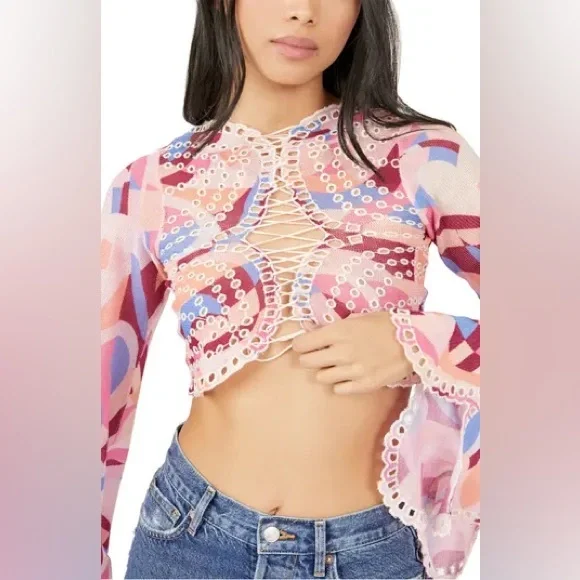 𝓯𝓹 Free People ~ Eyes on You Bell Sleeve Eyelet Mesh Crop Top - Picture 4 of 13